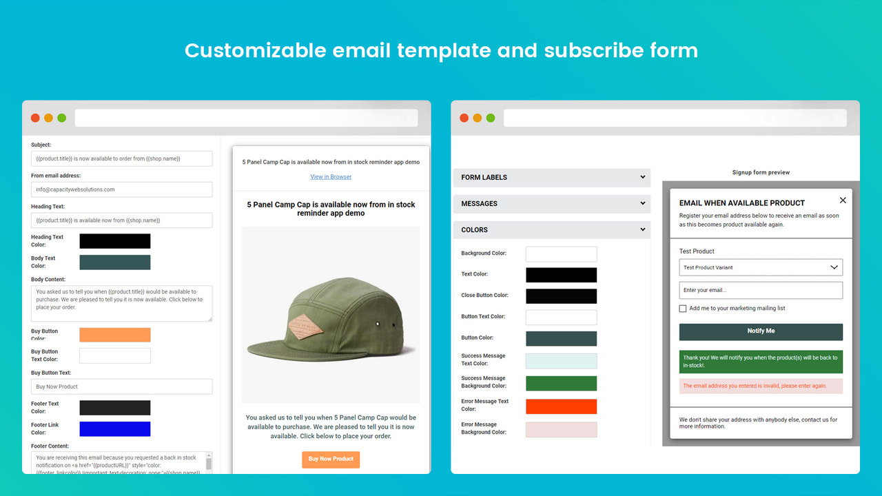 template de email personalizável e formulário de inscrição de produtos
