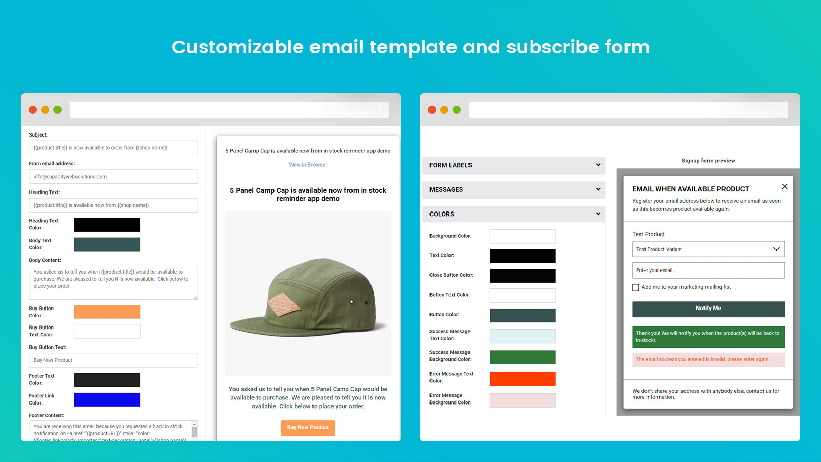 modelo de e-mail personalizável e formulário de inscrição de produtos
