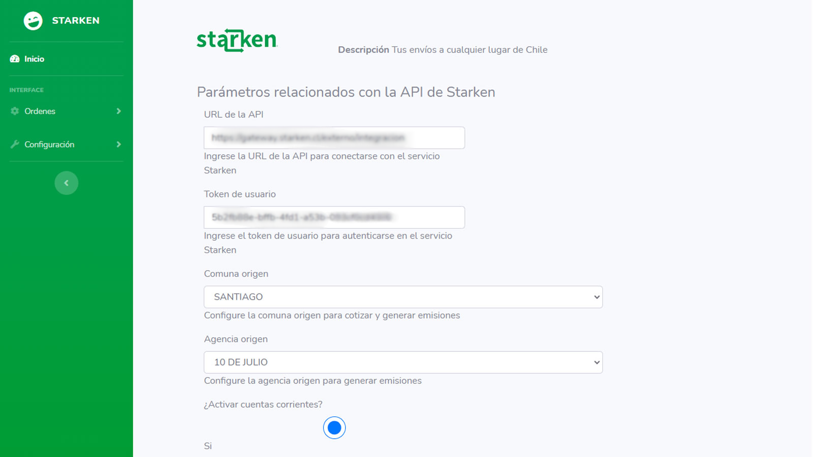 Parámetros de configuración para operar con Starken