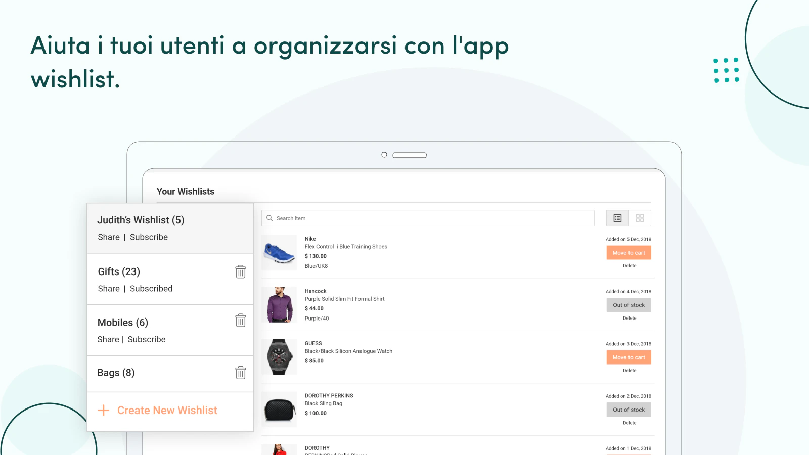 Liste dei desideri e opzioni per i prodotti sono disponibili