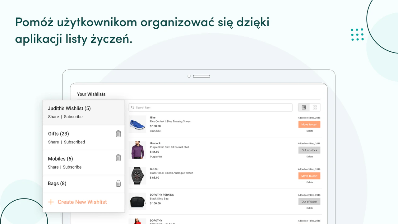 Dostępnych jest wiele list życzeń i opcji ulubionych produktów.