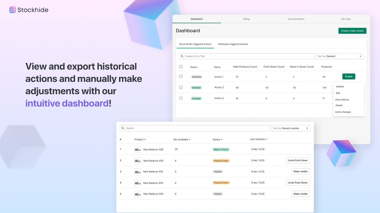 Visualiza y exporta acciones históricas con nuestro intuitivo panel de control