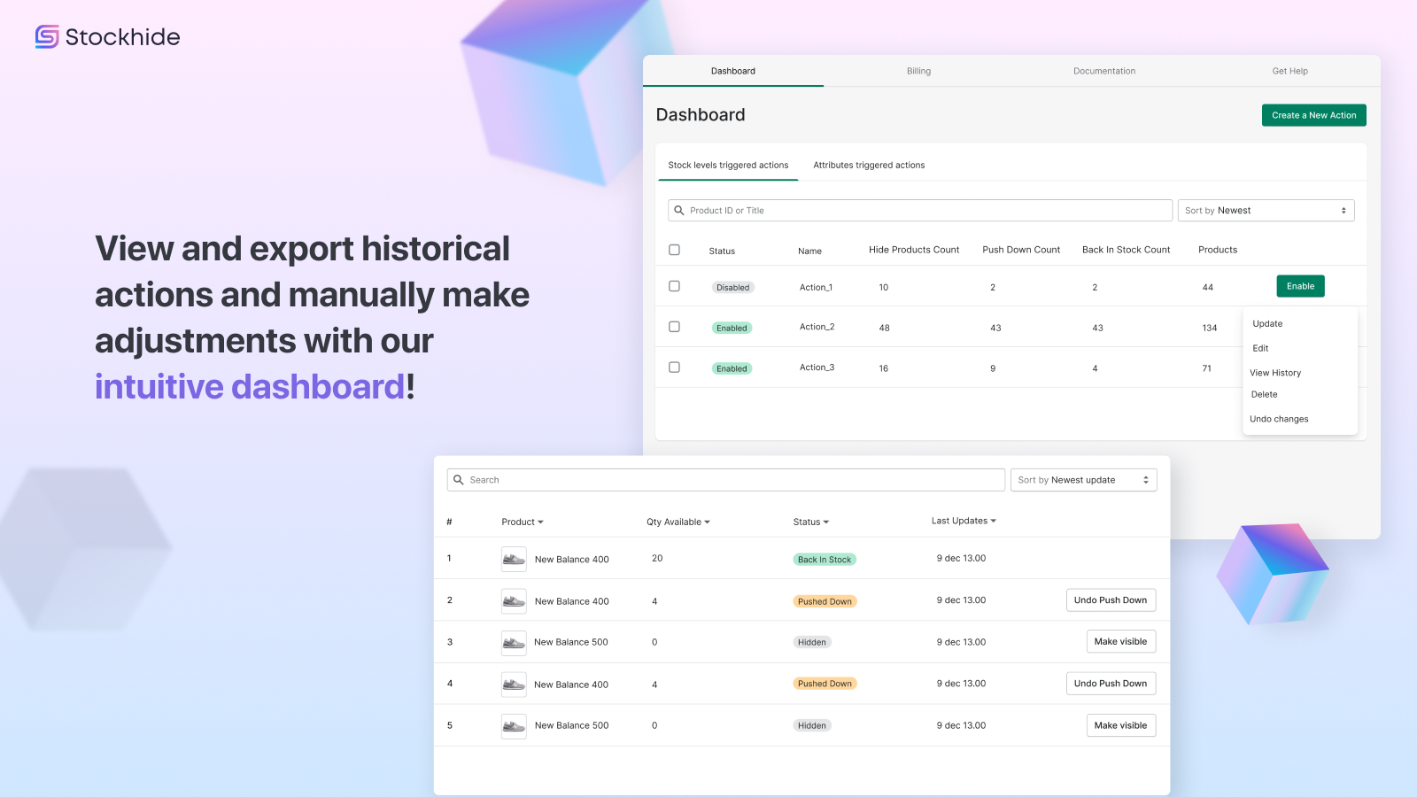 Bekijk en exporteer historische acties met ons intuïtieve dashboard