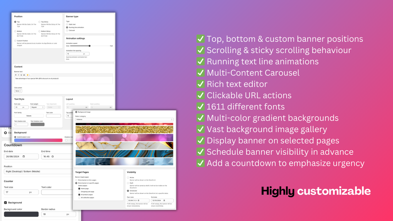 Multiple banner positions, scrolling behaviours, fonts and more.