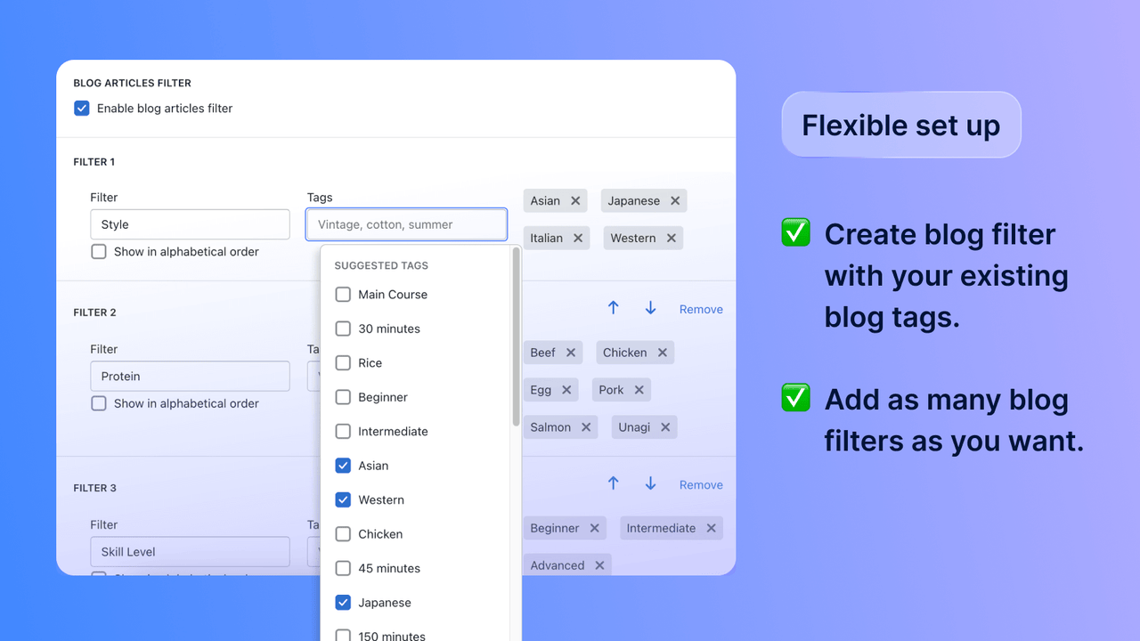 Configuración fácil y creación de filtros de publicaciones de blog para Shopify, usando etiquetas