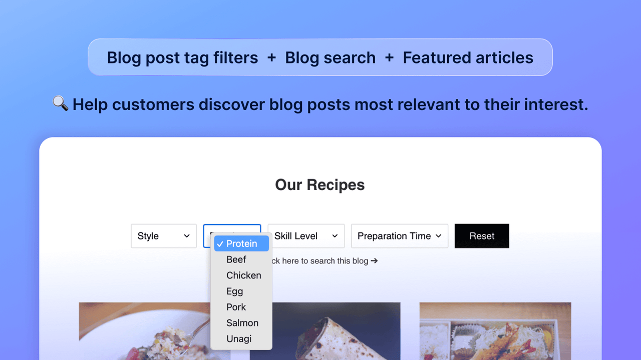 Blogbeitrag-Tag-Filter-Suche für Shopify-Blog. Ideal für Rezepte