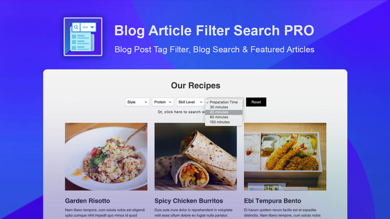 Blogginlägg taggfilter sökning för Shopify blogg. Utmärkt för recept