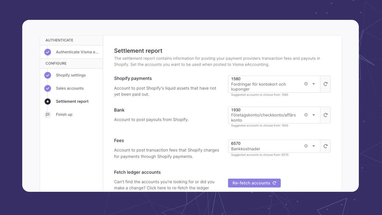 Configuration of accounts for Shopify Payments settlements