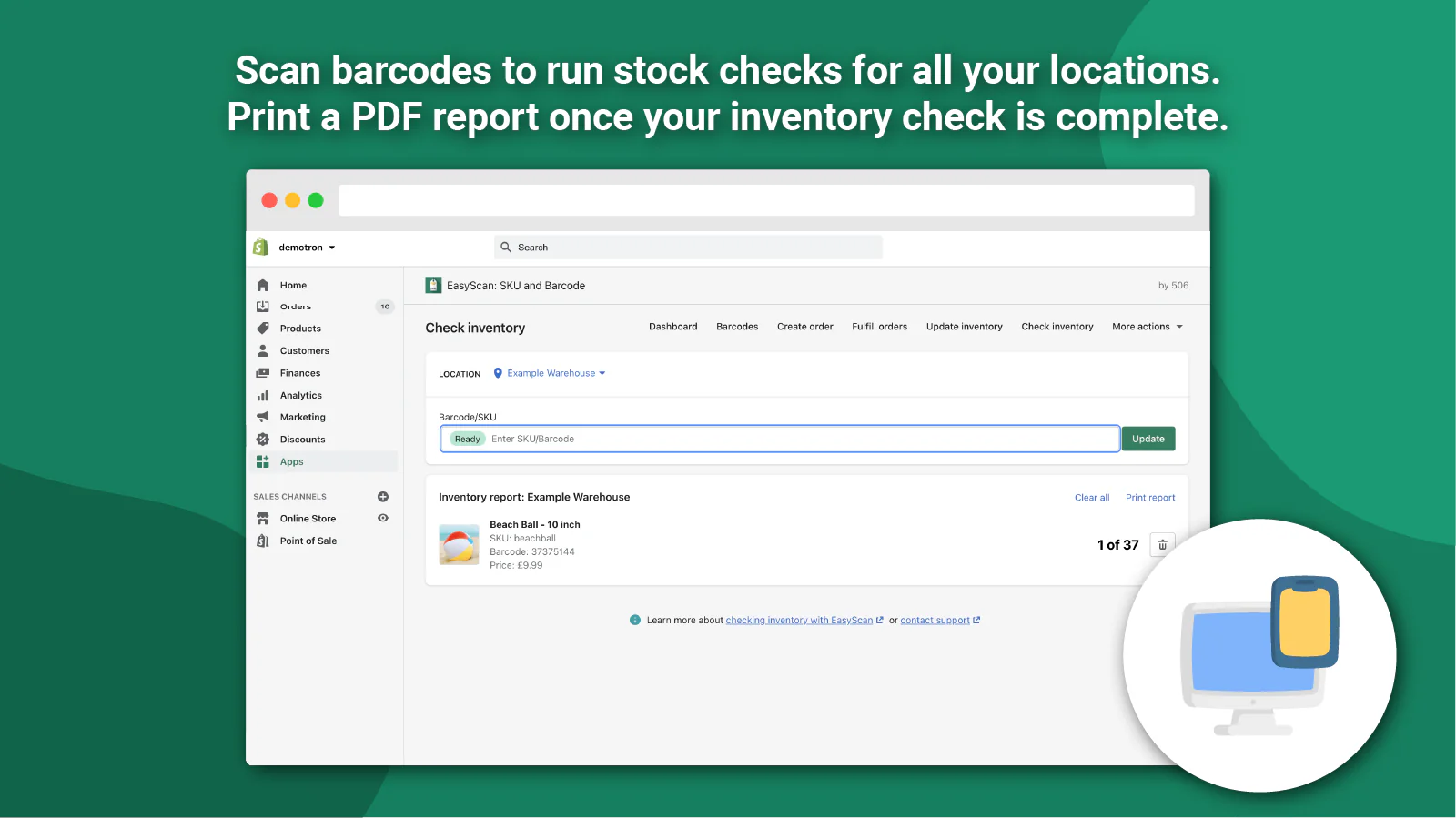 Digitalize códigos de barras e execute verificações de inventário e transferências de estoque