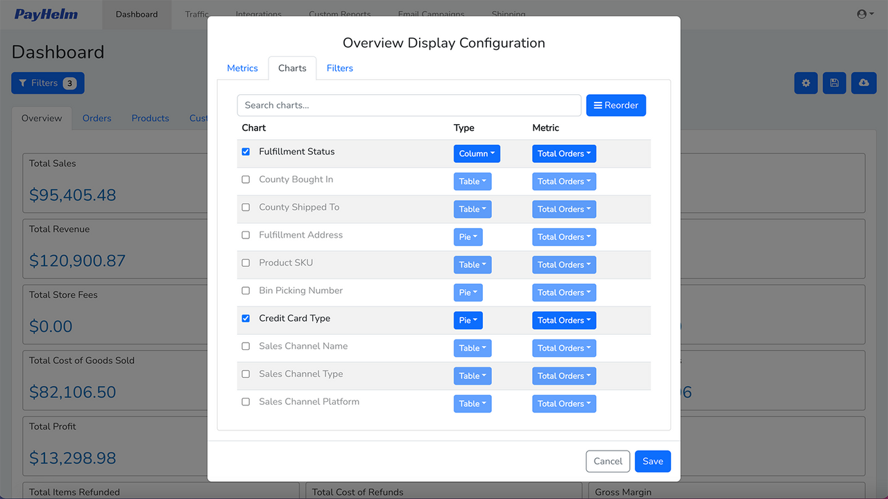 Personalize os relatórios, gráficos, tabelas, filtros, métricas e exporte