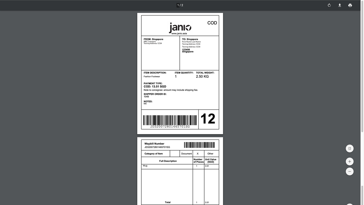 Página de impresión de etiquetas de Janio