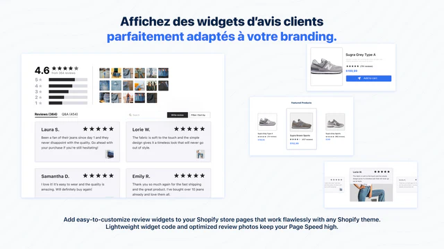 Widget d'avis clients, carousel, notation en étoiles, badges