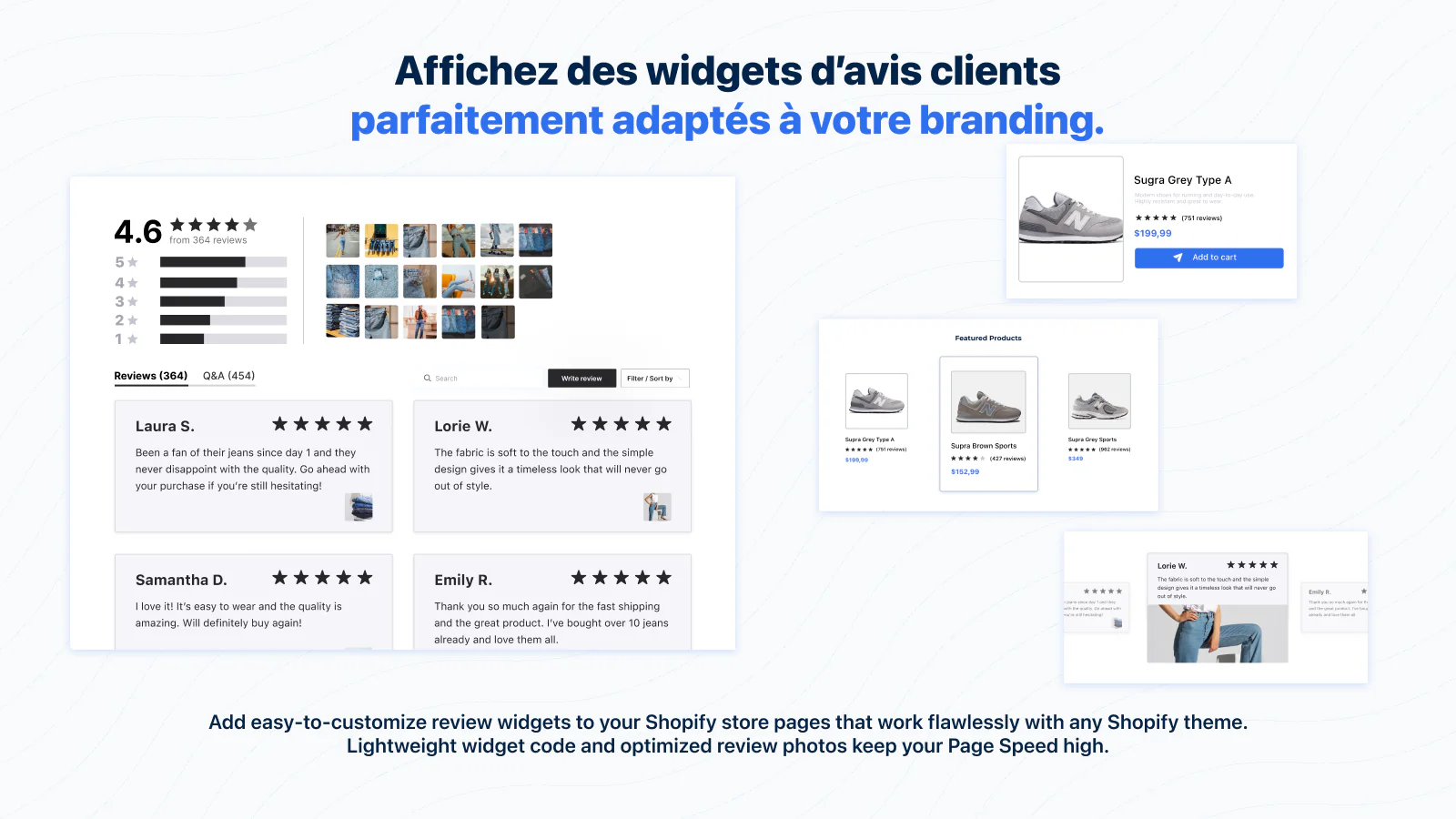 Widget d'avis clients, carousel, notation en étoiles, badges