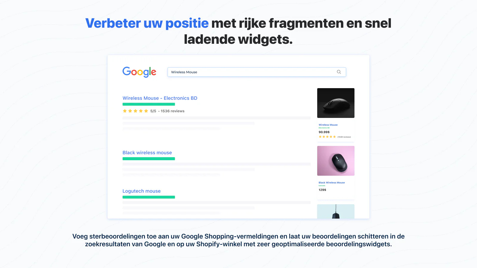 Google Shopping reviews, rich snippets, SEO, snelle laadtijd.