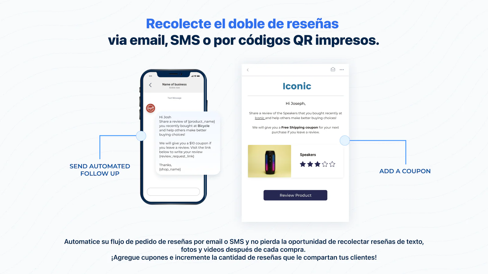 reseñas de productos, pedido por email, reseñas por sms