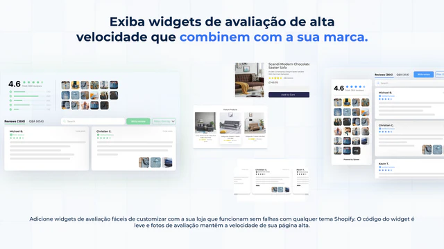 Widgets de avaliação de produtos, carrossel, estrelas, crachás 