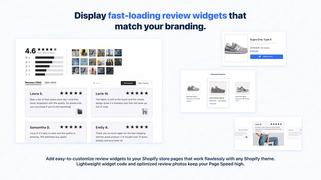 product review widgets, review carousel, stars ratings, badges