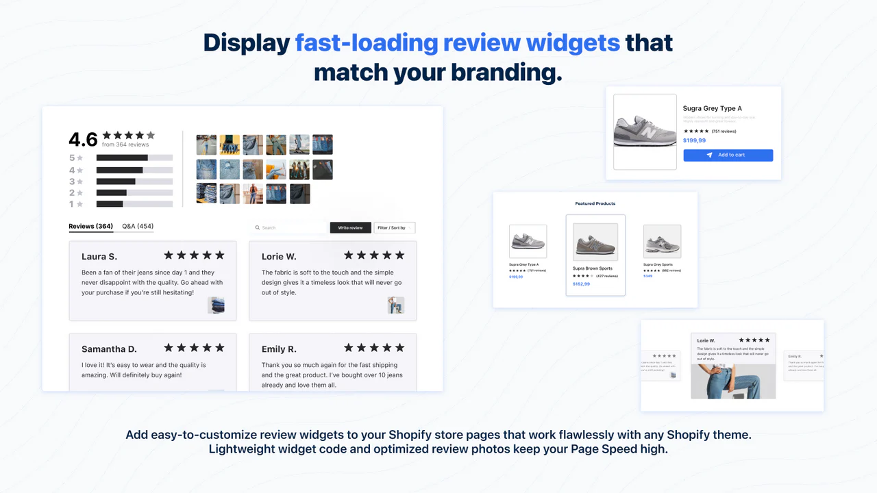 product review widgets, review carousel, stars ratings, badges