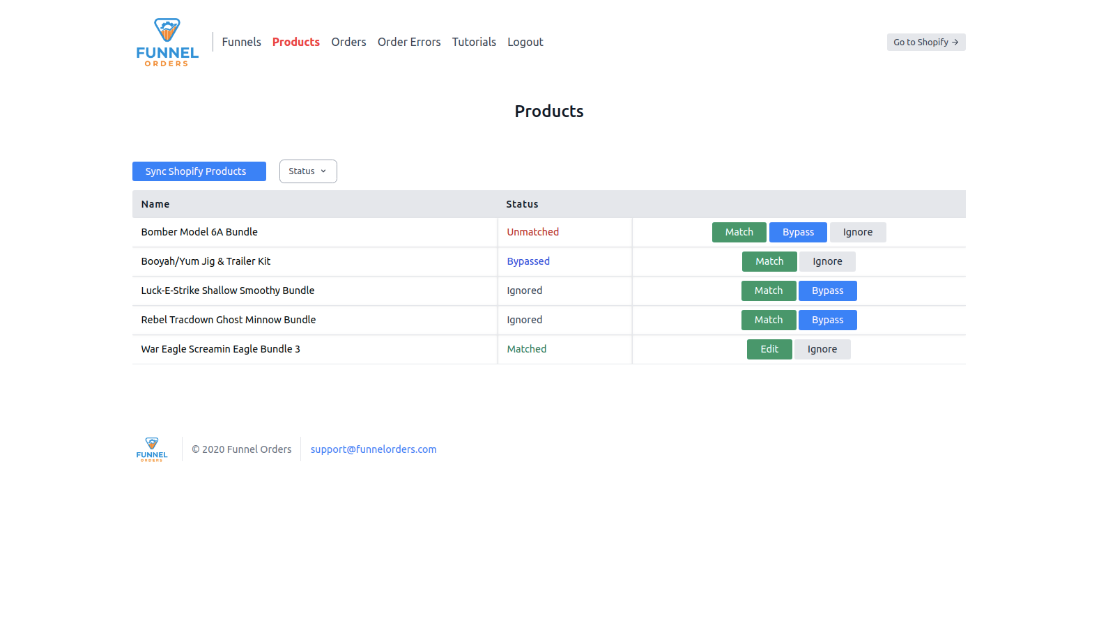 Página de Correspondência de Produtos