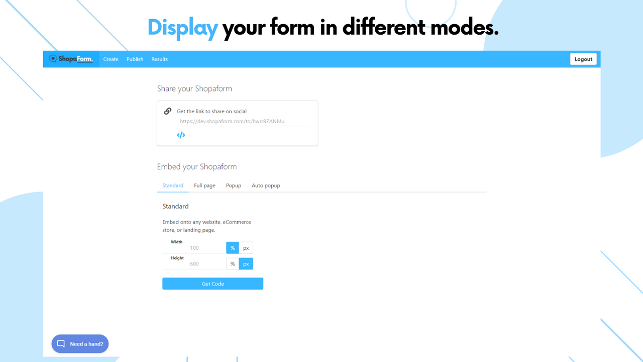 Shopaform Modo de visualización - Cuestionario de recomendación de productos