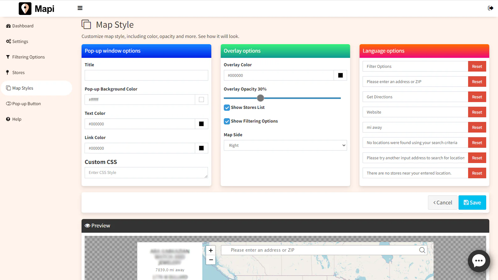 Map style customization page.