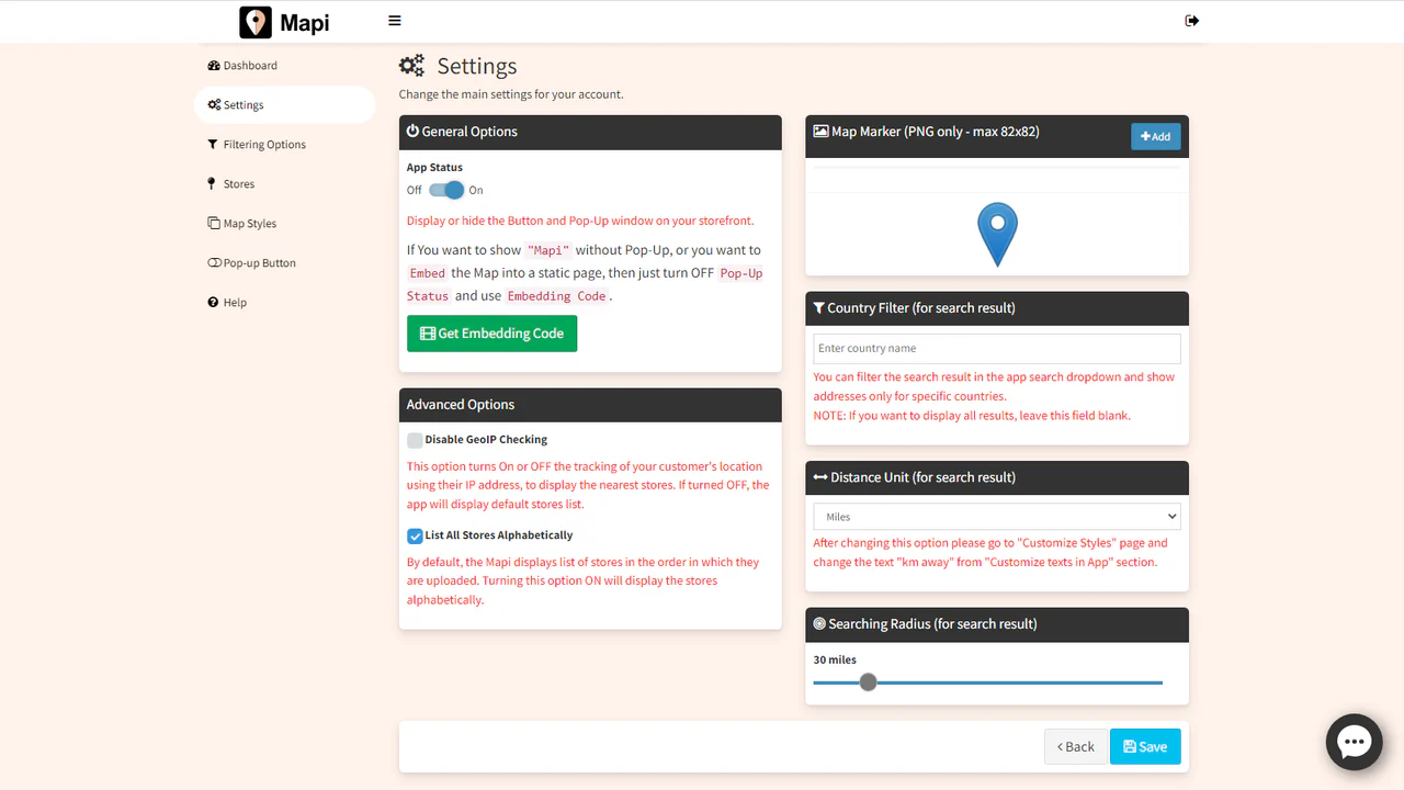 Settings page.