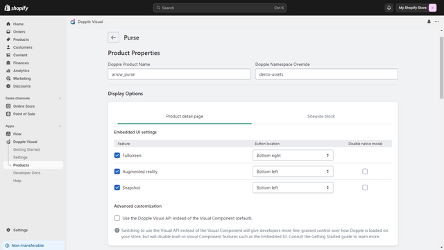 Vista del tablero de la configuración del producto Dopple.