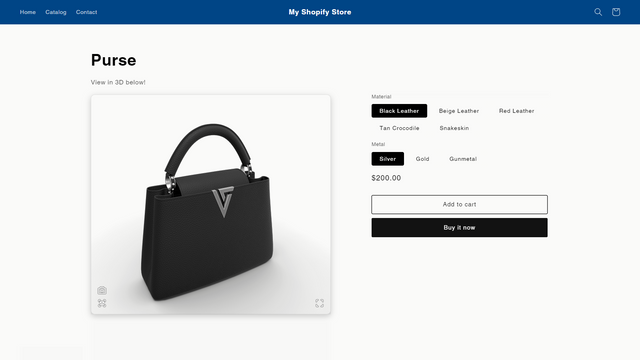 3D purse product embedded on a demo PDP.