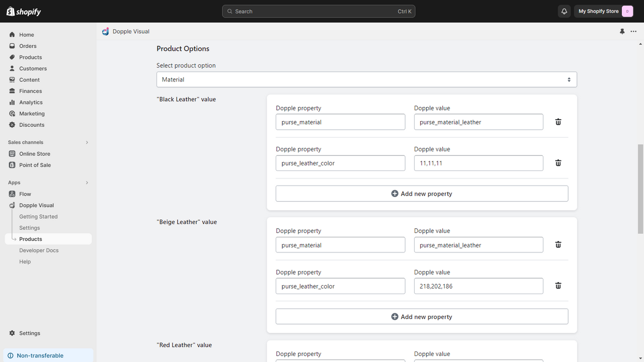 Dashboard view of the Dopple product's variant setup.