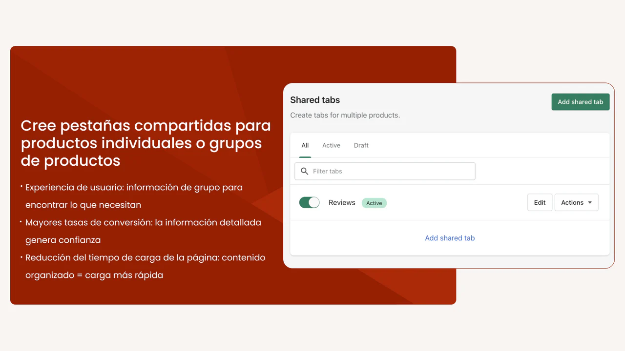 Cree pestañas compartidas para un producto o grupos de productos