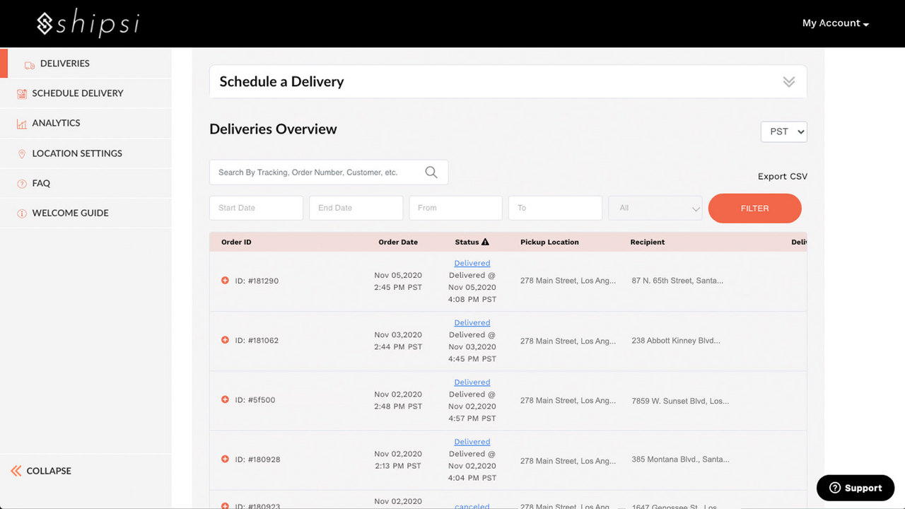 View all deliveries from the SHIPSI Merchant Panel