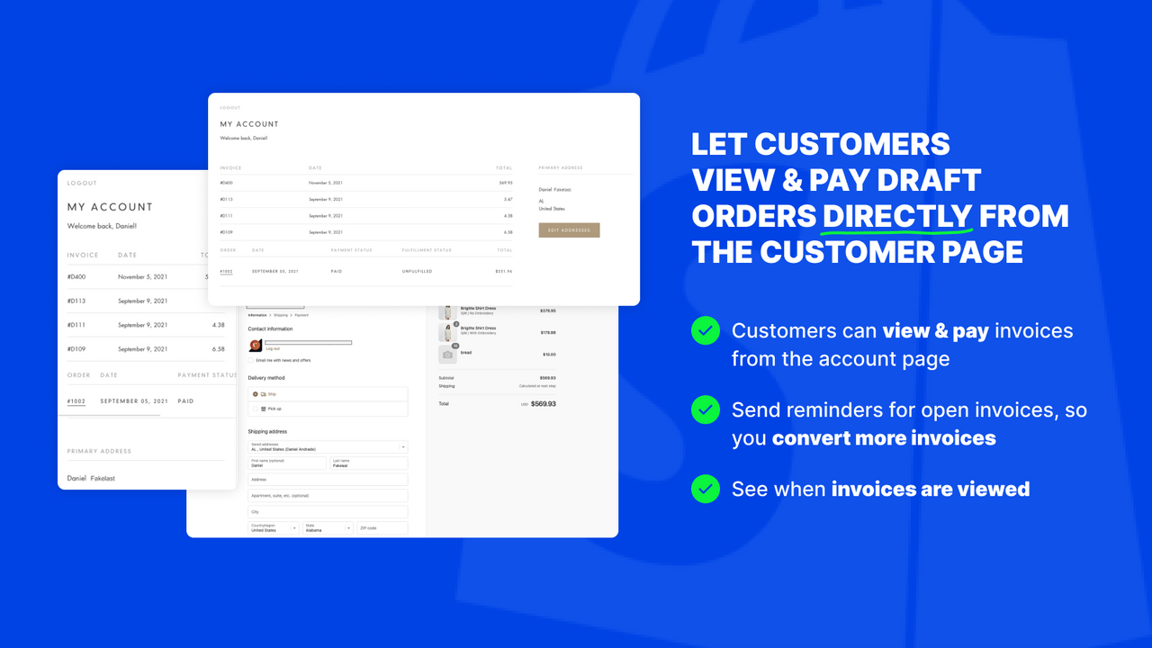 Facture avec des commandes brouillon sur Shopify.