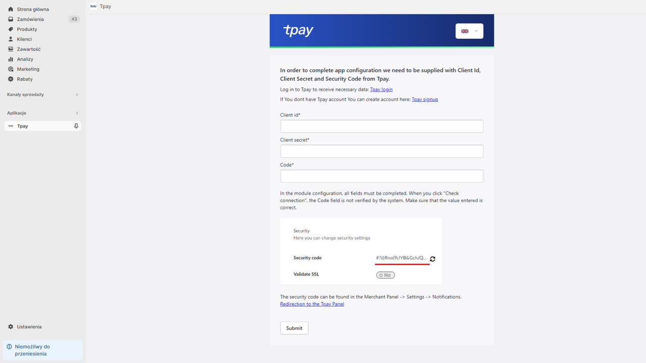 Payments Tpay Shopify panel