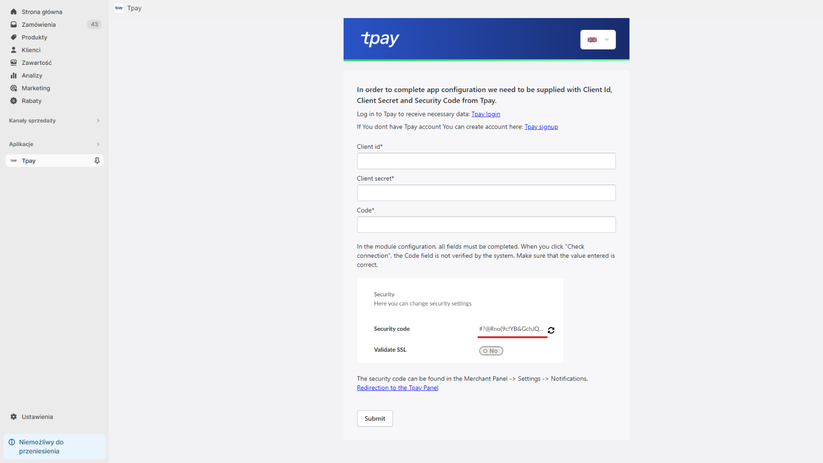 Payments Tpay Shopify panel