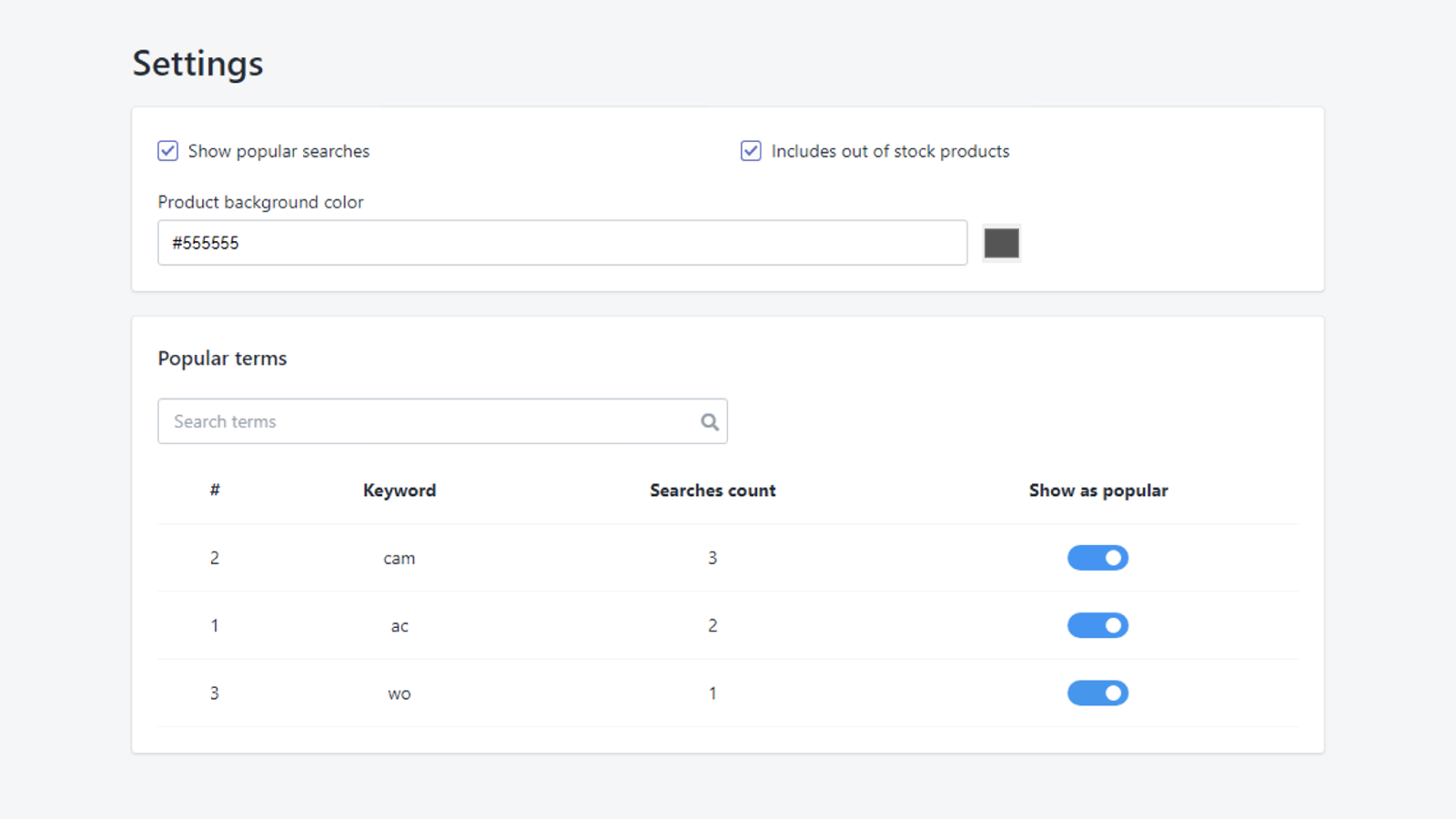 Tableau de bord de recherche instantanée