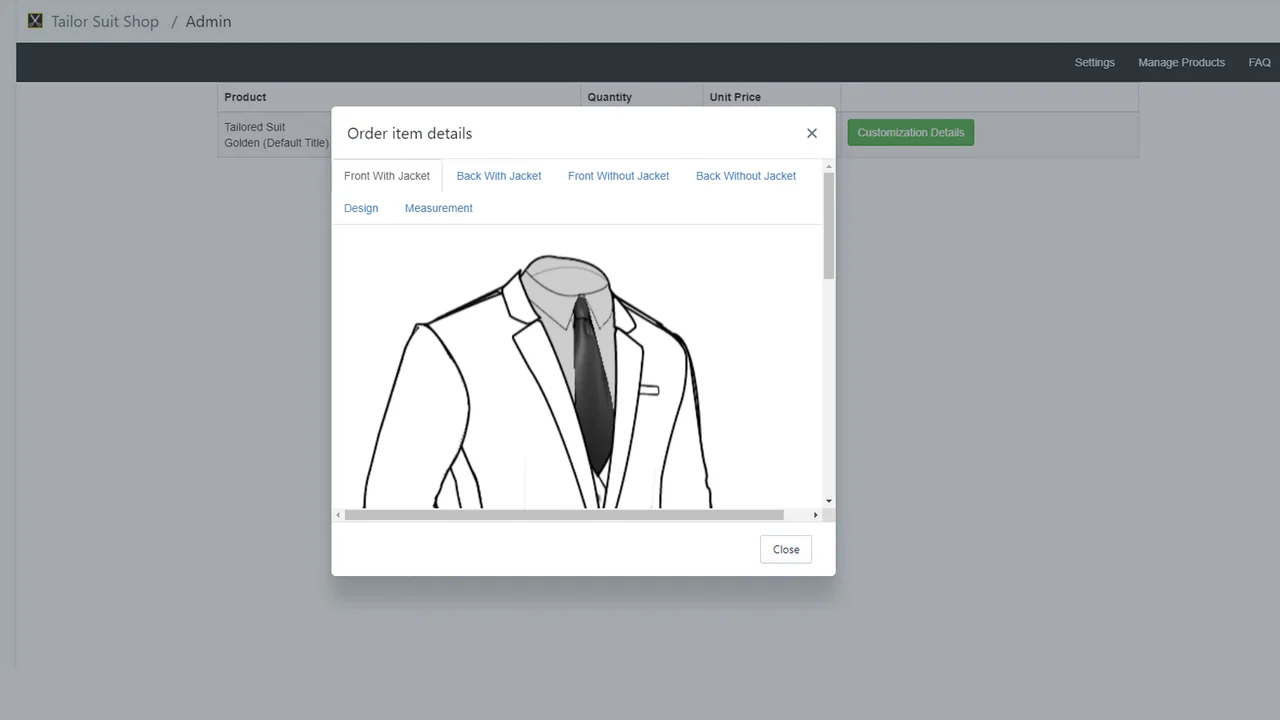 Detalles de la orden personalizada/ajustada de Tailor Suit Shop en el backend