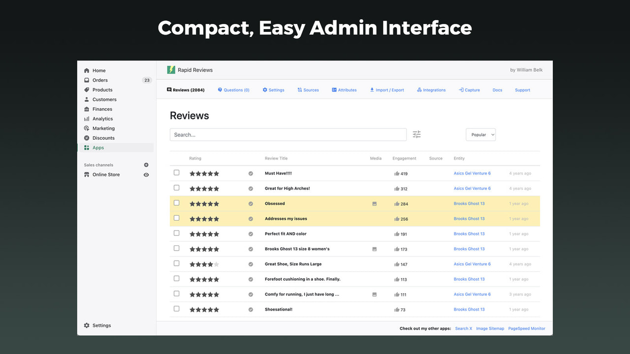 Rapid Reviews Questions Interface d'administration Shopify