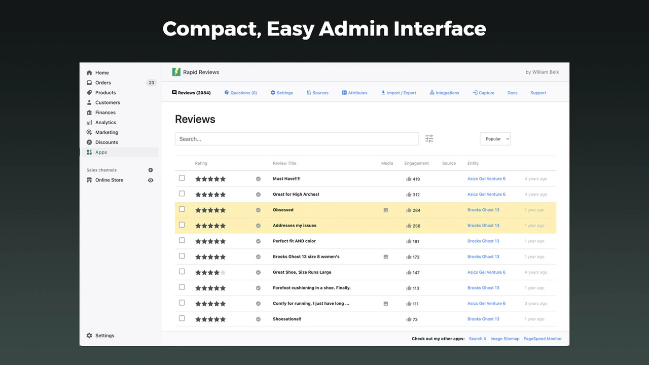 Rapid Reviews Vragen Shopify Admin Interface