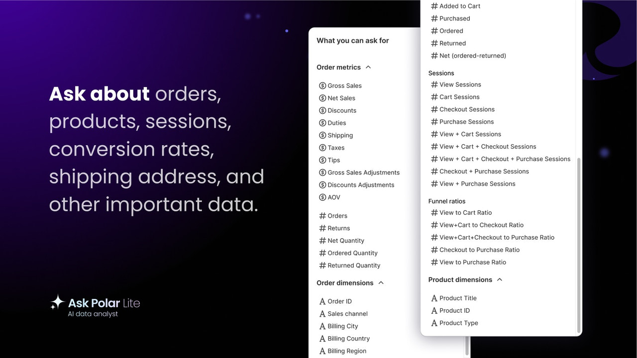Ask about orders, products, sessions, conversion rates, shipping