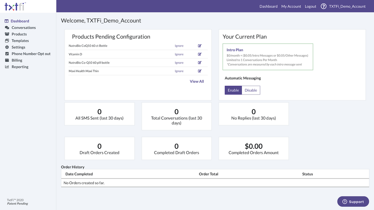 Einrichtung von SMS-Bestellungen Shopify - Dashboard