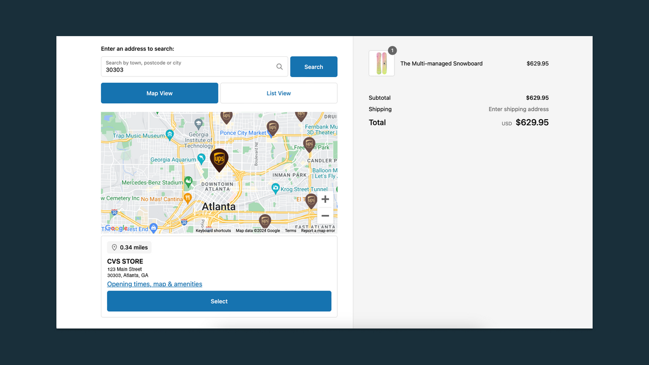 localização selecionada no mapa do checkout