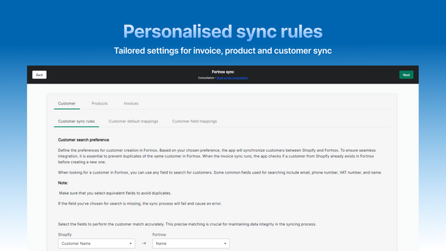 Tailored settings for invoice, product and customer sync