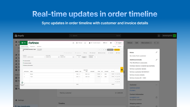 Synk opdateringer i ordre tidslinjen med kunde- og fakturadetaljer