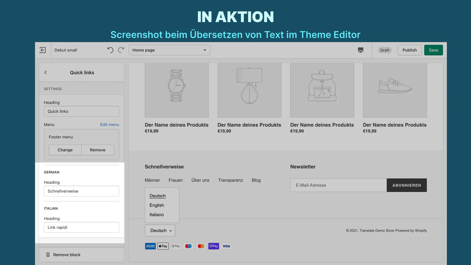 Screenshot beim Übersetzen im Theme Editor