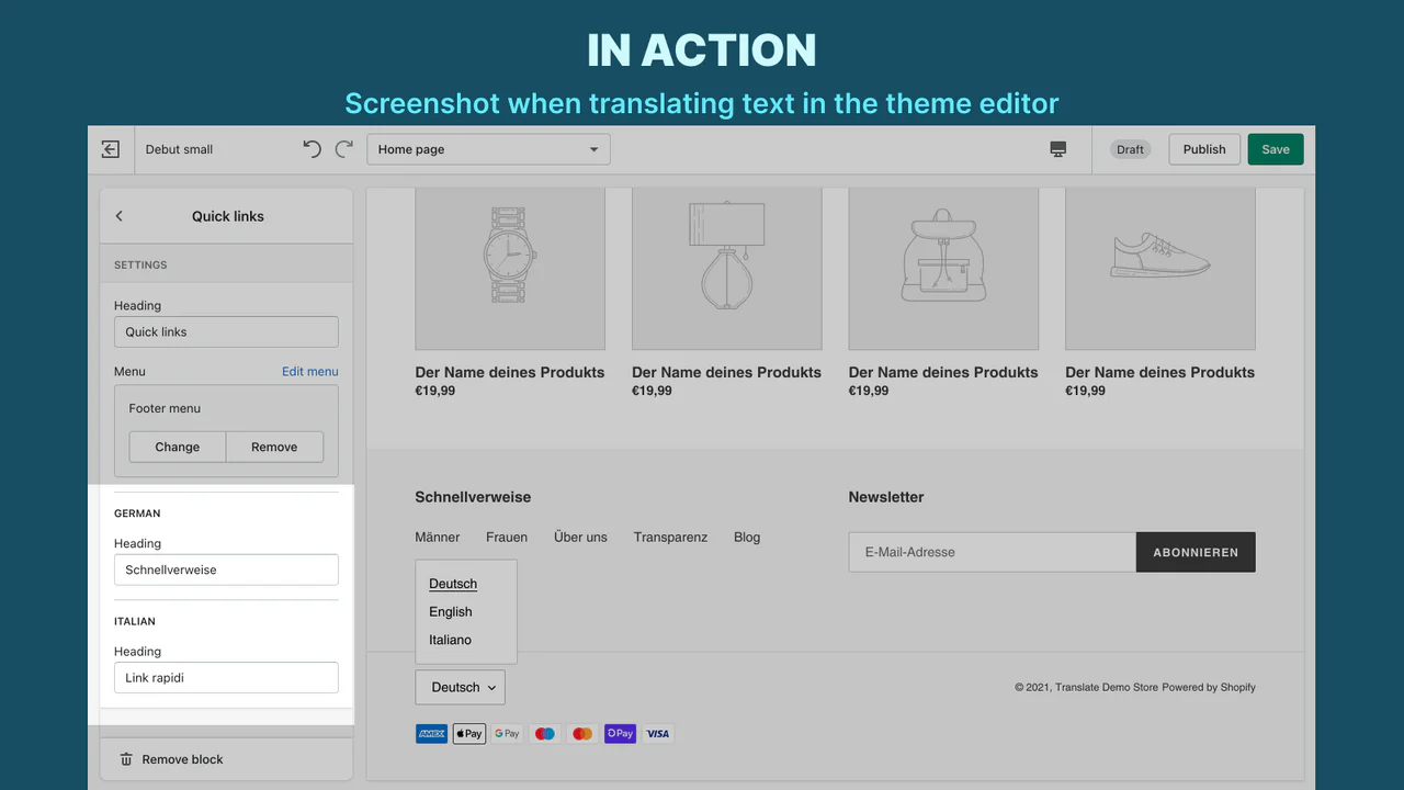 Screenshot when translating using the theme editor