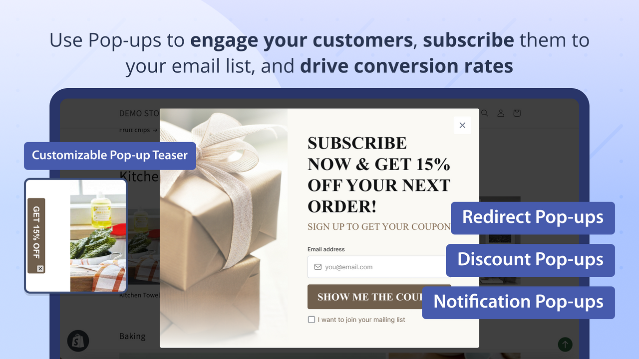 Omdiriger Pop-ups, Discount Pop-ups, Notification Pop-ups