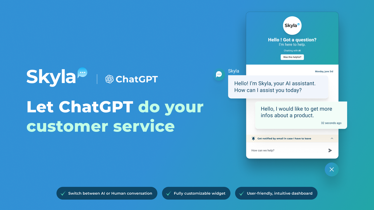 Skyla - Chat en vivo de servicio al cliente potenciado por ChatGPT