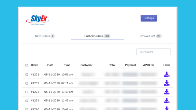 Pushed orders will be listed with AWB and Shipping Label as PDF