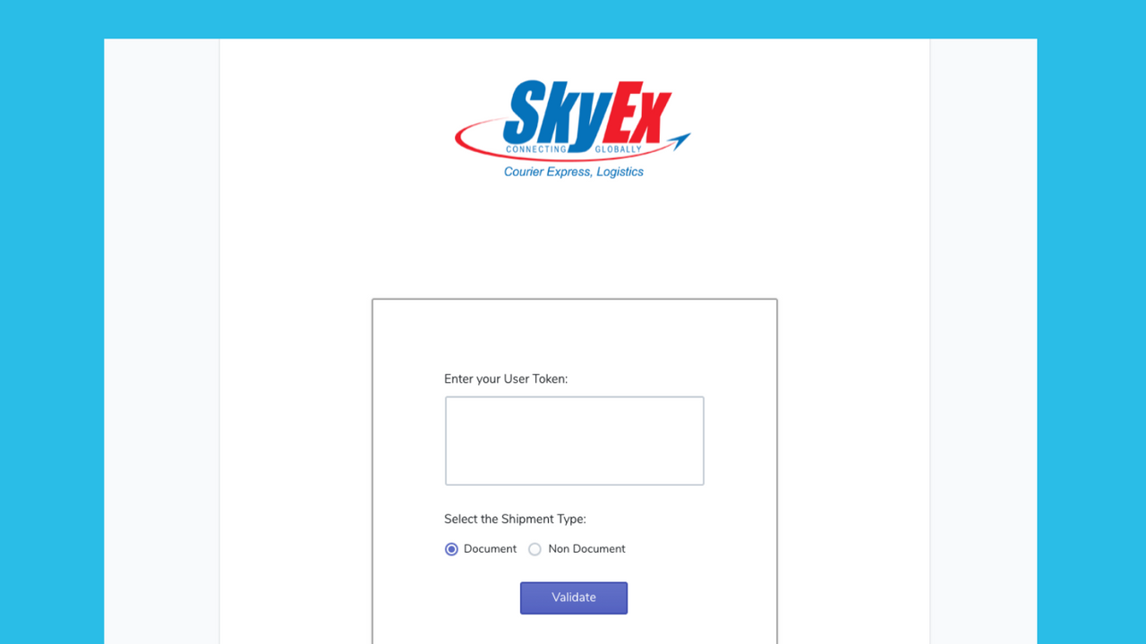 Insira seu Token de Usuário único recebido da SkyEx Courier.