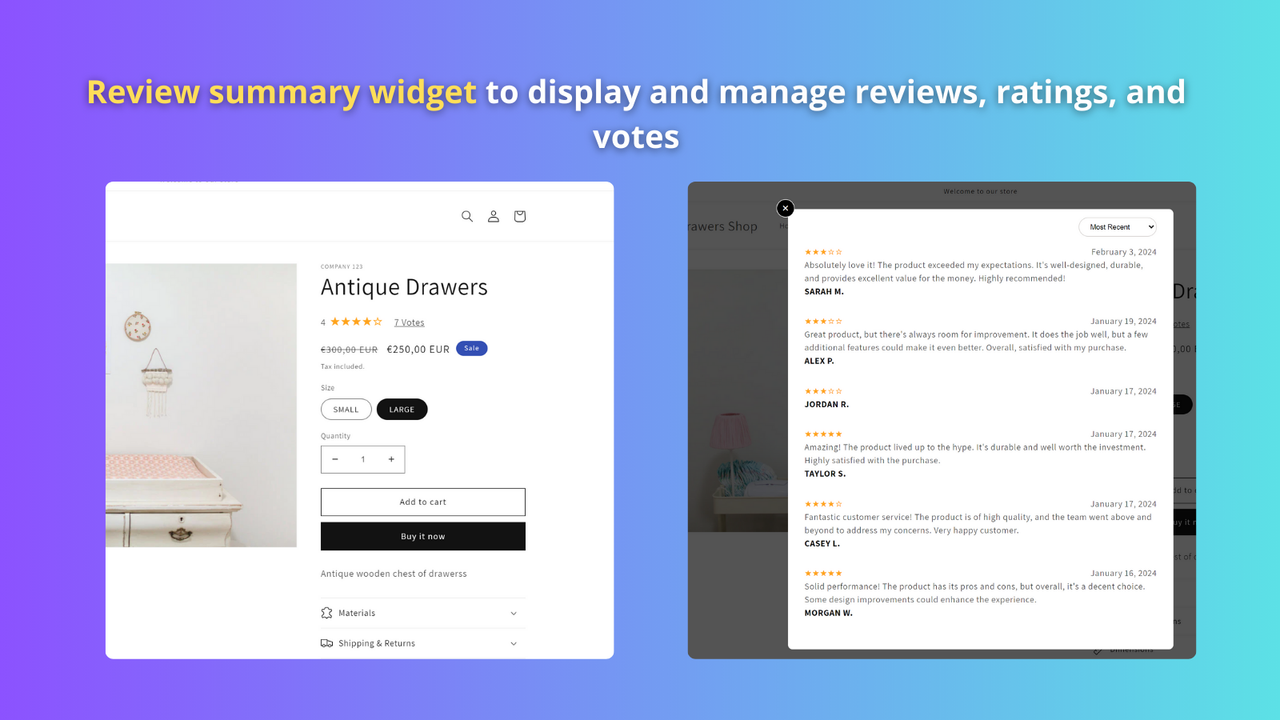 Review summary widget to display and manage reviews and ratings